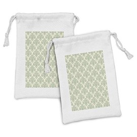 Ambesonne Vintage Fabric Pouch Set of 2, Flourishes Drawn by Hand Floral Details Victorian Inspired Ornaments, Small Drawstring Bag for Toiletries Masks and Favors, 9" x 6", Cream and Laurel Green