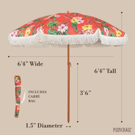 Punchau 6 Ft Fringe Patio Umbrella - Outdoor Umbrella for Patio, Pool, Table, Garden, Deck, & Beach - Push Button Tilt Pole - Fashionable Boho Vintage Tassels & Wood Print - Red Tropical