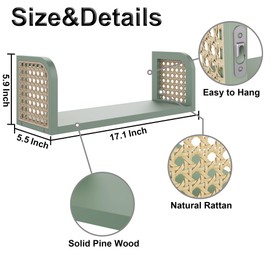 LUPWNEKA Green Rattan Wall Shelf, Wooden Hanging Bookshelf Storage, Cute Nursery Shelves Wall Mounted, Boho Decorative Floating Shelves for Kids Room, Living Room, Play Room, Bedroom