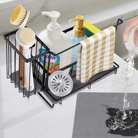 Kitchen Sink Caddy with Drying Stone: Sink Sponge Holder, Stainless Steel Kitchen Countertop Organizer Basket for Sponge, Scrubbers, Soap, Towel, Instant Dry, Desk& Wall Mounted mode, 8.66x5.94x4.13in