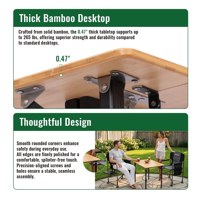 Bamboo Camping Table with Adjustable Height (265LBS)