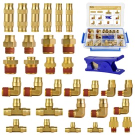 MuHize 33PC DOT Air Brake Fittings Kit - 1/8" 1/4" 3/8" 1/2" Brass Push Lock Connectors & NPT, No-Tool Leak-Proof 250 PSI for Semi Truck, Trailer & RV Emergency Repair