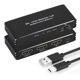 8K@60Hz HDMI Splitter 1 in 2 Out, 1x2 HDMI 2.1 Splitter Support 4K@120Hz, 1080P@240Hz VRR HDCP2.3 HDR HDR10 48Gbps EDID Dolby Atmos 7.1ch