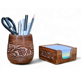 Mie Creations Set of 2 Pen Holder and Sticky Note Holder for Office Desk Organizer, Wooden Desktop Accessories Decor, Handmade Floral Rustic Pencil Stand & Post it Note Dispenser, Aesthetic Stationery