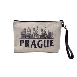Canvas Bag - Cities of the World Collection Minimalist Style Travel Tourism Postcard - Linen Look Cosmetic Bag - Toiletry Bag - Purse, Prague, Cosmetic bag
