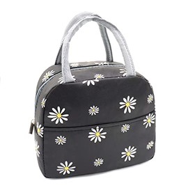 Sonuimy Insulated Lunch Bag Women Girls, Reusable Cute Tote lunch box for Adult & Kids, Leakproof Cooler Lunch Bags for Work Office Travel School Picnic (Black with White Daisy)