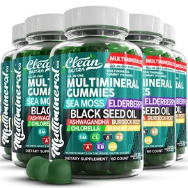 Clean Nutra Sea Moss Black Seed Oil Gummies with Ashwagandha, Elderberry, Burdock Root, Chlorella, Manuka Honey - Vegan Gummy Vitamins for Women Men:_CN-5 Bottles