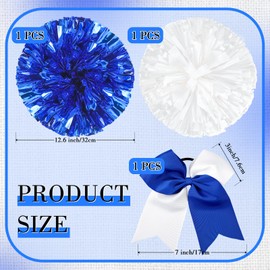 Set of 3 12 Inch Cheerleading Pom Poms and Large Cheerleader Ponytail Bow Holder for Girl Large Metallic Cheerleader Pom Poms for Sports Team Cheering (Blue and White)