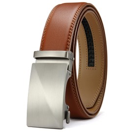 CHAOREN Buckley Automatic Belt Men's Leather Belt Ratchet Automatic Buckle for Men Business Suit 35 mm Wide Belt Without Holes Size Adjustable, Brass Buckle - Light Brown, Waist 100 - 110 inches