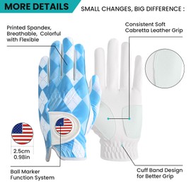 Golf Gloves Men Right Handed Golfer Left Hand with Ball Marker 2 Pack Leather Breathable Comfortable Weathersof Grip Size Small Medium ML Large XL (Blue&Diamond, M/Large(Worn on Left Hand))