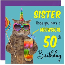 50th Sister Birthday Card - Meowgical Cat Funny Sister's Birthday Card for 50 Year old fifty, fiftieth