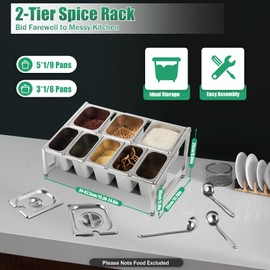 PIAOCAIYIN Expandable Spice Rack, 2-Tier Stainless Kitchen Spice Rack Organizer, 5x1/9 Pans + 3x1/6 Pans, Organizer Shelf with Lid, Countertop Holder for Spices Sauce Ingredients Fruits -8 Pans