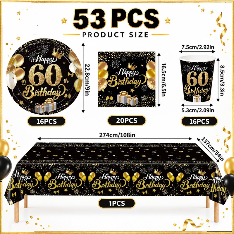 AURALIN 60th Black Gold Birthday Party Tableware Set 53P for