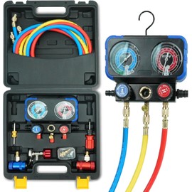 CALPOSE R1234yf AC Gauge, 3 Way AC Manifold Gauge Set for R1234yf Refrigerant, Refrigerant Gauges with 5FT Hoses，R410a Adapter, Puncturing Can Tap, Anti-Collision Dials Provide More Accurate Reading