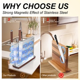 Magnetic Knife Holder Stailess Steel Magnetic Knife Block Without Knives Powerful Magnetic Kitchen Knife Holder Stand Double Sided Magnet Knife Storage Rack With Three Magnet Strip Wood Base