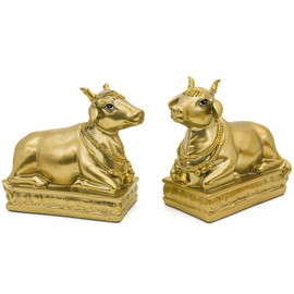 Hindu Nandi Holy Cow Statues - 2PCS Gold Nandi Cow Sitting Position Statue for House Temples Puja Home Decor Diwali Gift