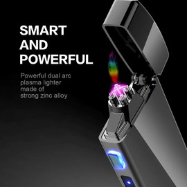Dual Arc Plasma Lighter with LED Battery Indicator and Box, Rechargeable Windproof Flameless Electric Lighters for Fire Outdoors Camping Hiking Friends
