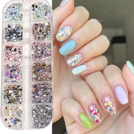 12 Grids Hexagon Chunky Nail Glitter Sequins Holographic Mermaid Flake Nail Glitter Flakes Hexagon Shiny Charms Nail Art Sequins Gradient Design Glitter for Acrylic Nails Make Up DIY Nail Decoration