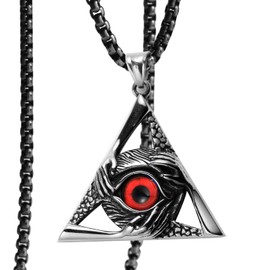 Stainless Steel Vintage Evil Eye Pendant Protection Hands Triangle Pendant Necklace for Men Women, 24 inch Chain (Red 2)