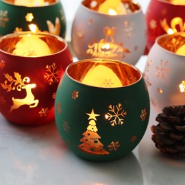 Christmas Votive Candle Holder Set of 6, Red Green White Glass Tealight Holder with 6 Laser Engraving Patterns for Winter Xmas Table Centerpiece Decor