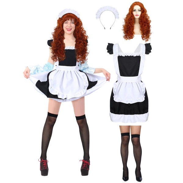 Funnysoft Maid Costume Set Includes Retro Frilly Aprons Curly Wig