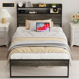 Elephance Twin Bed Frames with Charging Station and Storage Headboard, No Box Spring Needed, Noise Free, Easy Assembly