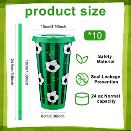 Kklolai 10 Pcs 24 Oz Plastic Football Cups Reusable Tumbler with Lid and Straw Soccer Birthday Party Gifts for Coach Fan Men Women Sports Game Team Decoration (Green)