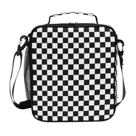 ZOEO Black White Checkered Pattern Lunch Box Insulated Lunch Bag Prep Kids Cooler Tote Freezable Shoulder Strap Waterproof Picnic Meal for School Office, 8541996862