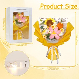 Weldomcor Crochet Flower Bouquet, LED Tulips Roses Sunflowers Artificial Knitted Flowers Bouquet Orange Crocheted Yarn Floral, Mother's Day Graduation Wedding Gifts Decor for Women Wife Lover