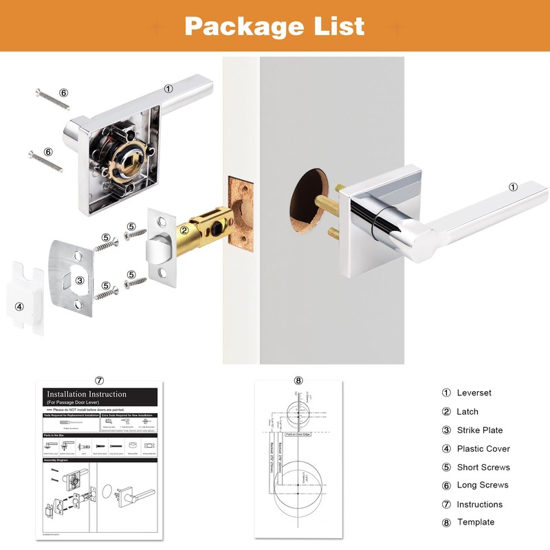 Probrico Square Polished Chrome Passage Door Handle Heavy Duty Keyless