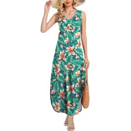 Hawaiian Dresses for Women Sleeveless Loose Fit Long Dress Floral Maxi Dresses for Island Vacation X-Large