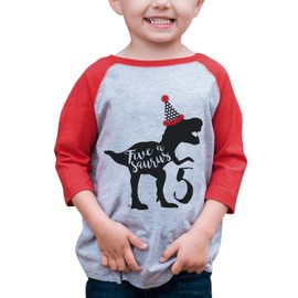 7 ate 9 Apparel Five Fifth Birthday Dinosaur Red Baseball Tee