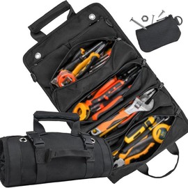 Roll Up Tool Bag Organizer, Roll Tool Storage Bag with Adjustable Shoulder Strap, Canvas Tool Wrench Roll Up Bag with 6 Zippers Pockets for Plumber, Carpenter, Mechanic Electrician - Color: black