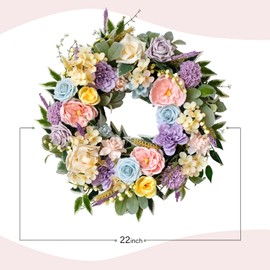 CIR OASES 22-inch Spring colorful wreath Artificial Rose hydrangea Peony Wheat ear wreath Spring Summer Front porch fireplace Decorative wreath Wedding birthday party Festive party Decorative wreath