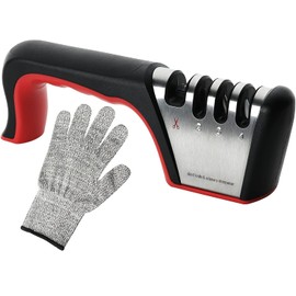 Simple Deluxe 4-in-1 Kitchen Knife Sharpener [4 Stage] Best Knife Accessories & Scissors Sharpener Tool with One Cut-Resistant Glove to Repair, Restore, Sharp, Polish Blades