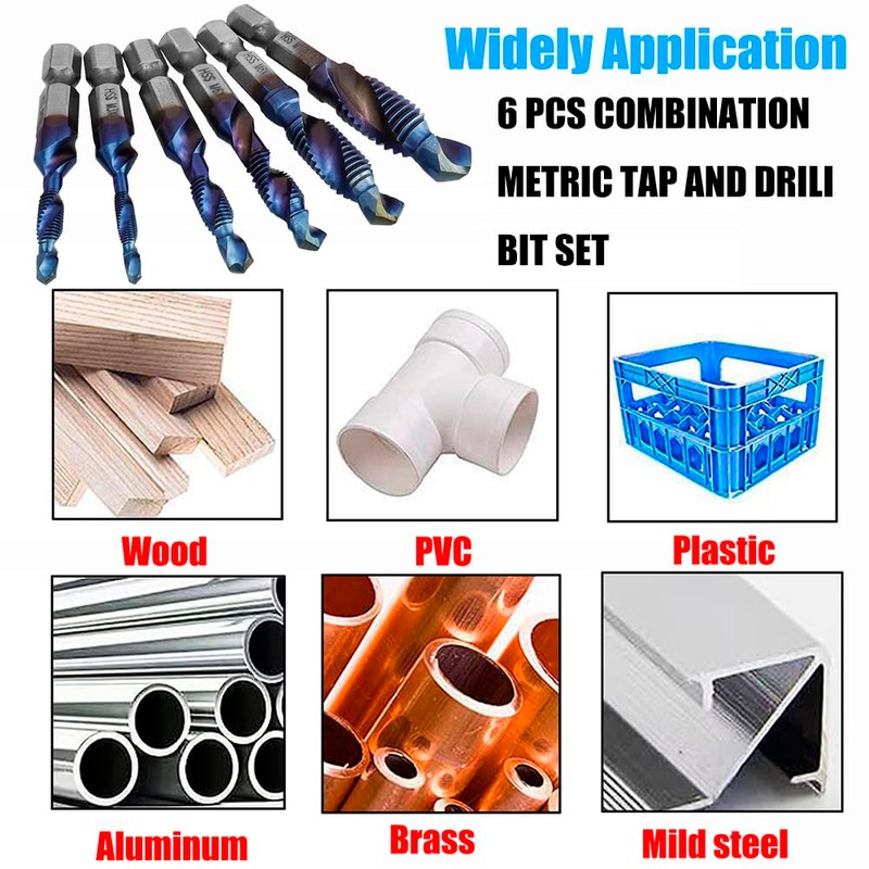 Yakamoz 6Pcs Hexagon Titanium Drill Tap Combination Bit Set, 1/4"