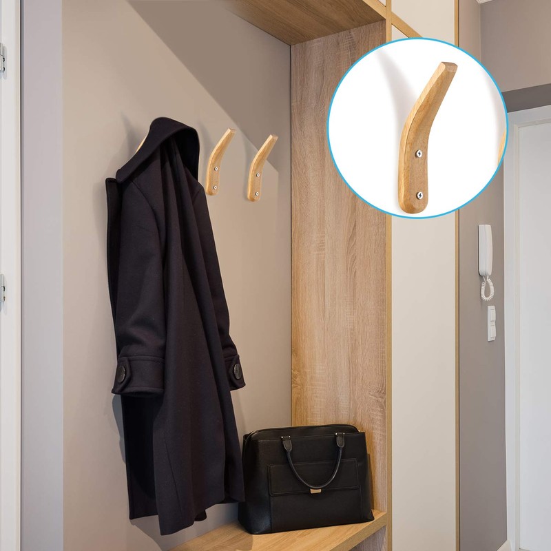 Boao 4 Pieces Wood Hooks for Towels Wall-Mounted Natural Wood