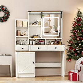 NUNU LAB Farmhouse Women Vanity Desk with Sliding Mirror and Lights, Rustic Big Makeup Table with Charging Station, Drawers, Cabinets, and Adjustable Shelves for Bedroom 42'', Brown