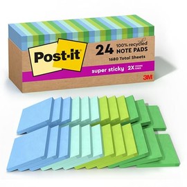 Post-it - Notas adhesivas de papel 100% reciclado, 3 pulgadas x 3 pulgadas, 24 almohadillas para orejas, 70 hojas por almohadilla, colección Oasis, suministros escolares y productos de oficina
