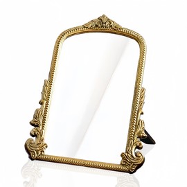 TenFuju Champagne Gold Vintage Baroque Vanity Mirror, Small Arched Tabletop Makeup Mirror, Free Standing Mirror for Dresser, Bedroom, Living Room, 11.8" x 9.6"