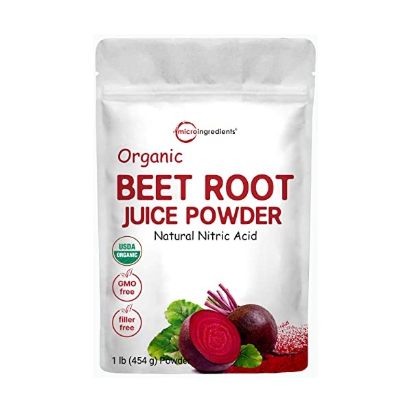 Organic Beet Root Powder, 1 Pound, Cold Pressed and Water Soluble, Beet Juice Pre-Workout Concentrated Powder, Contains Natural Nitrates Acid for Energy & Immune System Support, Non-GMO