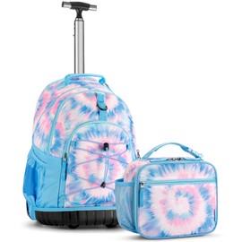 Choco Mocha Tie Dye Rolling Backpack for Girls with Lunch Bag, Large Travel Rolling Backpack Set for Teen Girls Middle School 18 Inch, Blue