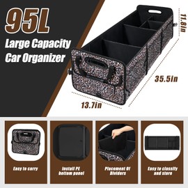 Trunk Organizer for Car, Car Storage Organizer with Non-Slip Bottom Strips, 95L Large Capacity Trunk Organizer for Suv, Truck, Sedan, Waterproof Portable Car Organizers for Women Men (Leopard print)