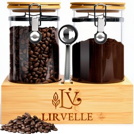 Lirvelle Airtight Coffee Canister with Scoop | Curated Glass Storage Set for Beans, Grounds & Sugar | 9-Piece Ritual Organizer with Bamboo Base, Versatile Artisan Spoon, Labels & Cleaning Brush