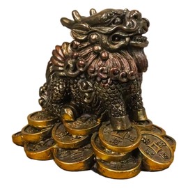 Ebros Faux Bronze Feng Shui Fortune Money Dragon Chi Lin Yang Energy Figurine Talisman Lucky Dragon Standing On Gold Coins Auspicious Figurine Charm Sculpture Decor