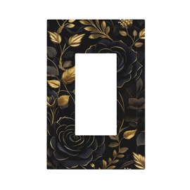 Tewujay Black Gold Floral Leaves 1 Gang Rocker Single Decora Outlet Wall Plate Decorative Switchplate Faceplate Gfci Light Switch Covers for Farmhouse Living Decor