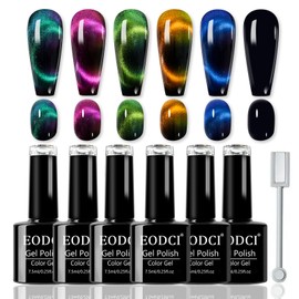 eodci 9D Cat Eye Gel Nail Polish, 7.5ml*6 with Magnets Stick, Galaxy Chameleon Effect Silky Cat Eye Nail Gel Soak Off Nail Art Salon Manicure Home Ladies Gift