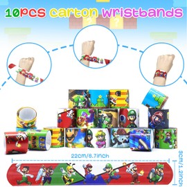 40Pcs Party Bag Fillers for Kids Unisex, Mari Party Favours with 10 Slap Bracelets 10 Goodie Bag 10 Keychain 10 Tattoo Stickers Assortment Stocking Fillers Theme Birthday Chrismas Gifts for Boys Girls