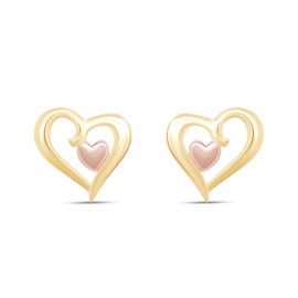 14k Yellow Gold Over Sterling Silver Two Tone Heart Stud Earrings For Women