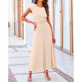 BTFBM Women Two Piece Skirt Set Casual Ribbed Knit Crew Neck Short Sleeve Cropped Top Elastic Waist Swing Midi Skirts(Solid Beige, Small)